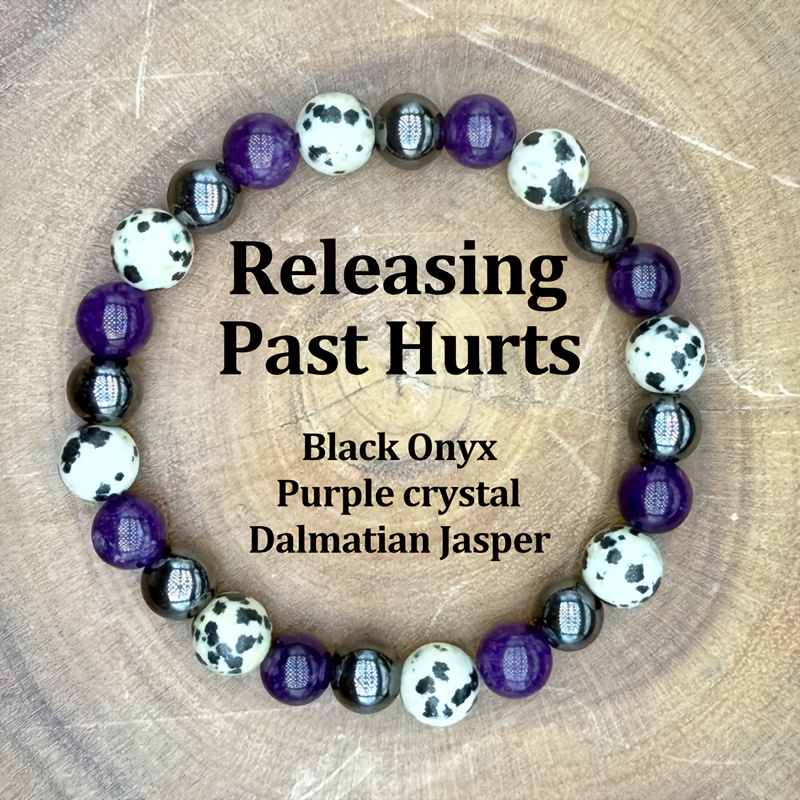 TEMU 1pc Bohemian Natural Stone Bangle Bangle Bracelet - Handmade Elastic Bead Jewelry, Featuring Black Agate, Purple And Dalmatian, Perfect Gift For