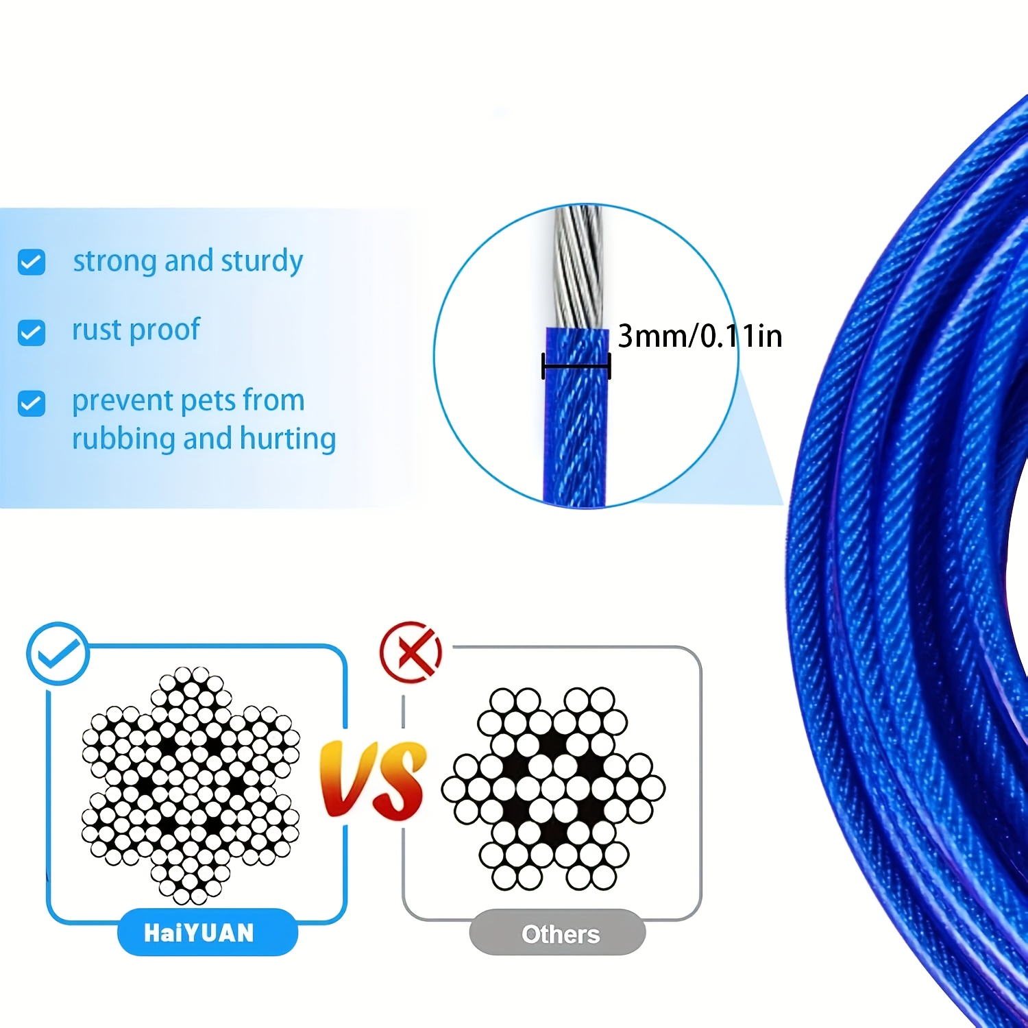 Dog Tie Out Cable with Durable Clips, 3.05/4.57/6.1/9.14 Meter Options