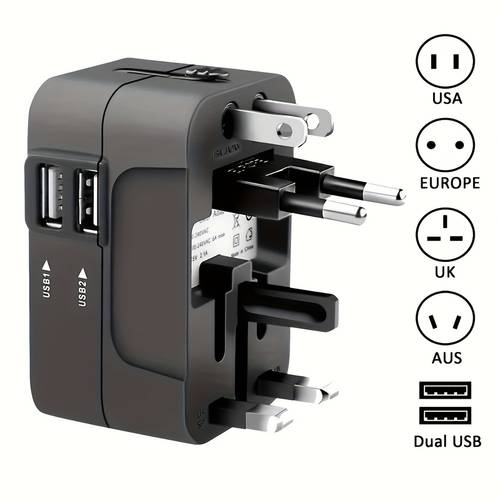 universal travel adapter with dual usb ports worldwide all in one international power plug adapter for usa eu uk aus ideal christmas gift perfect valentines day gift essential travel gadget great gift for dad husband or traveler