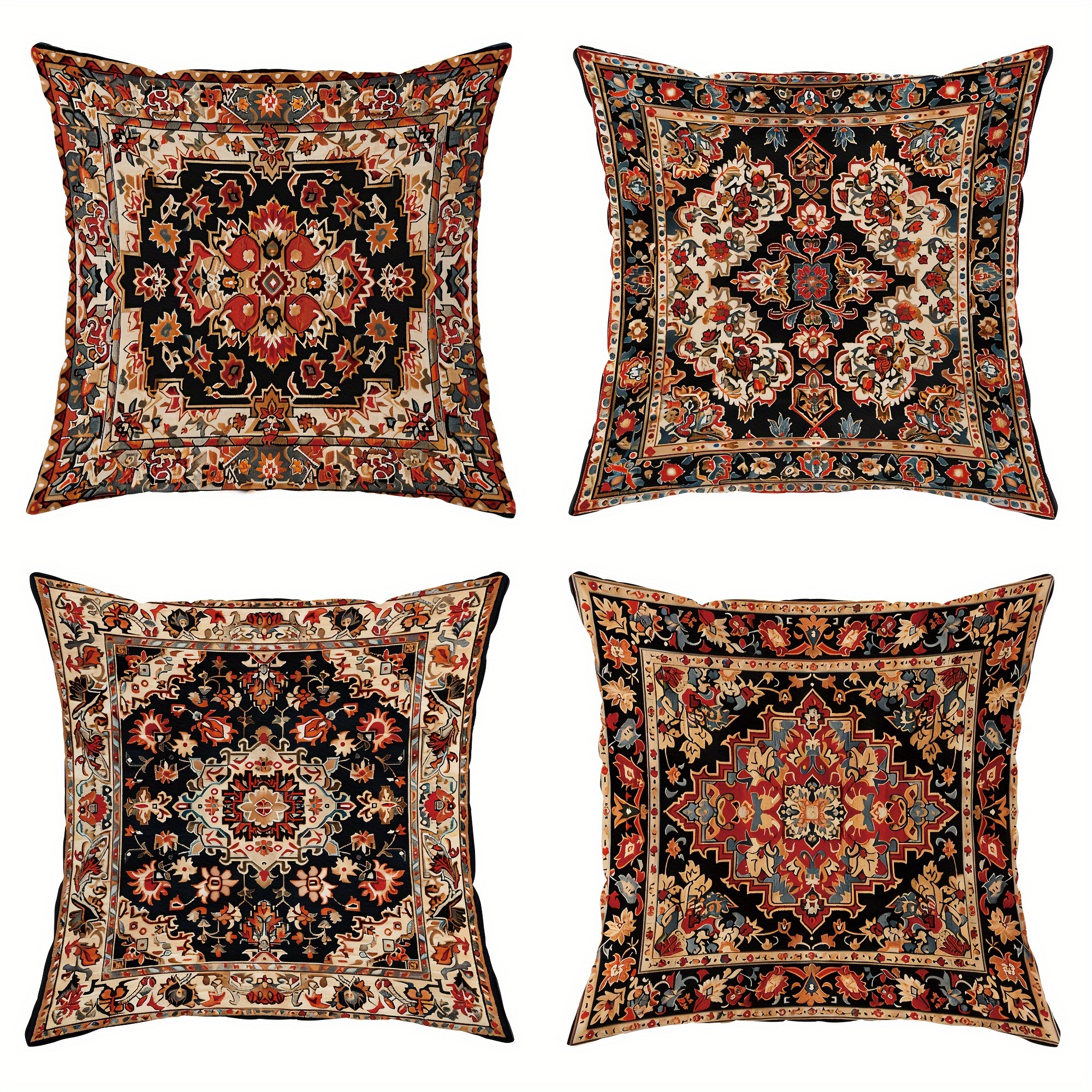 

4pcs Persian Pattern Velvet Throw Pillow Covers Bohemian Red Orange Black Decorative Pillowcases One-sided Printing For Living Room Bedroom Sofa Bed Decor Without Pillow Inserts