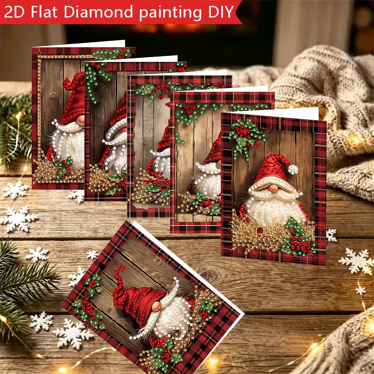 TEMU Nouveau Lot de 6 Cartes de de Noël avec Impression Plate 2D, Peinture Diamant, de Cristal Irréguliers, Design Art Diamant. Kit Façonné à avec