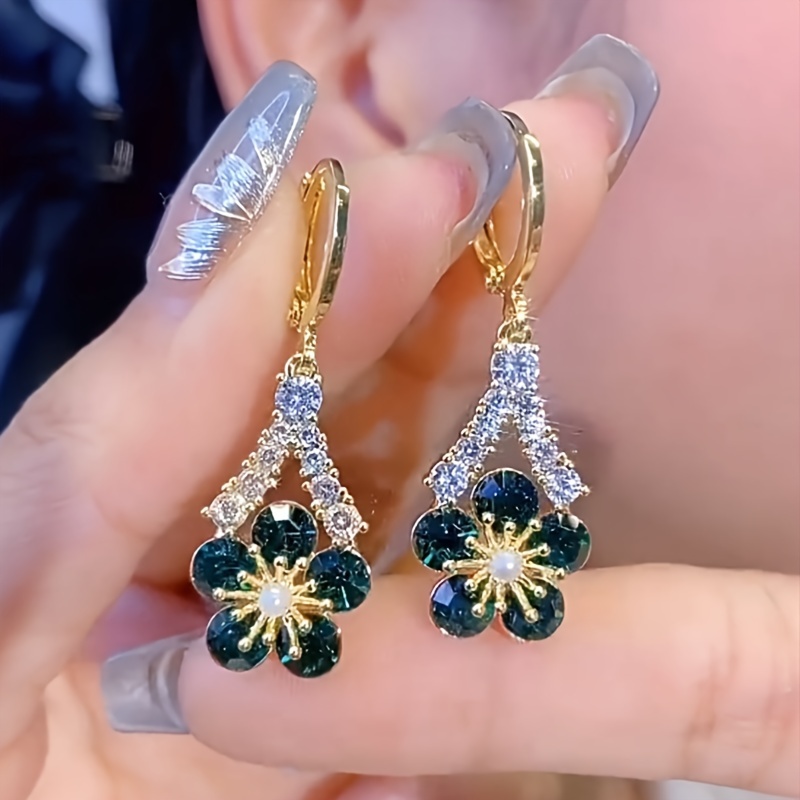 elegant green cubic synthetic synthetic zircon flower earrings luxurious alloy dangle jewelry for   for parties gifts Product details 0