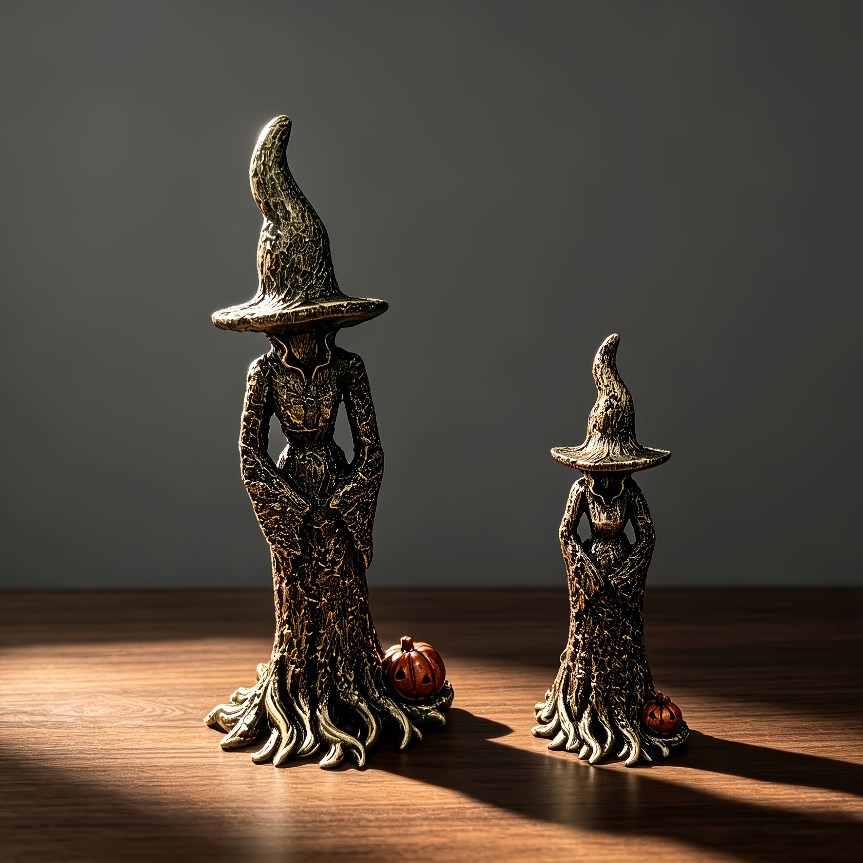 TEMU 2pcs Golden Vintage Matte Distressed Copper-colored Resin 3d Carved Faceless Witch Decorative Ornaments Root Texture Robe Pointed Hat With Mini