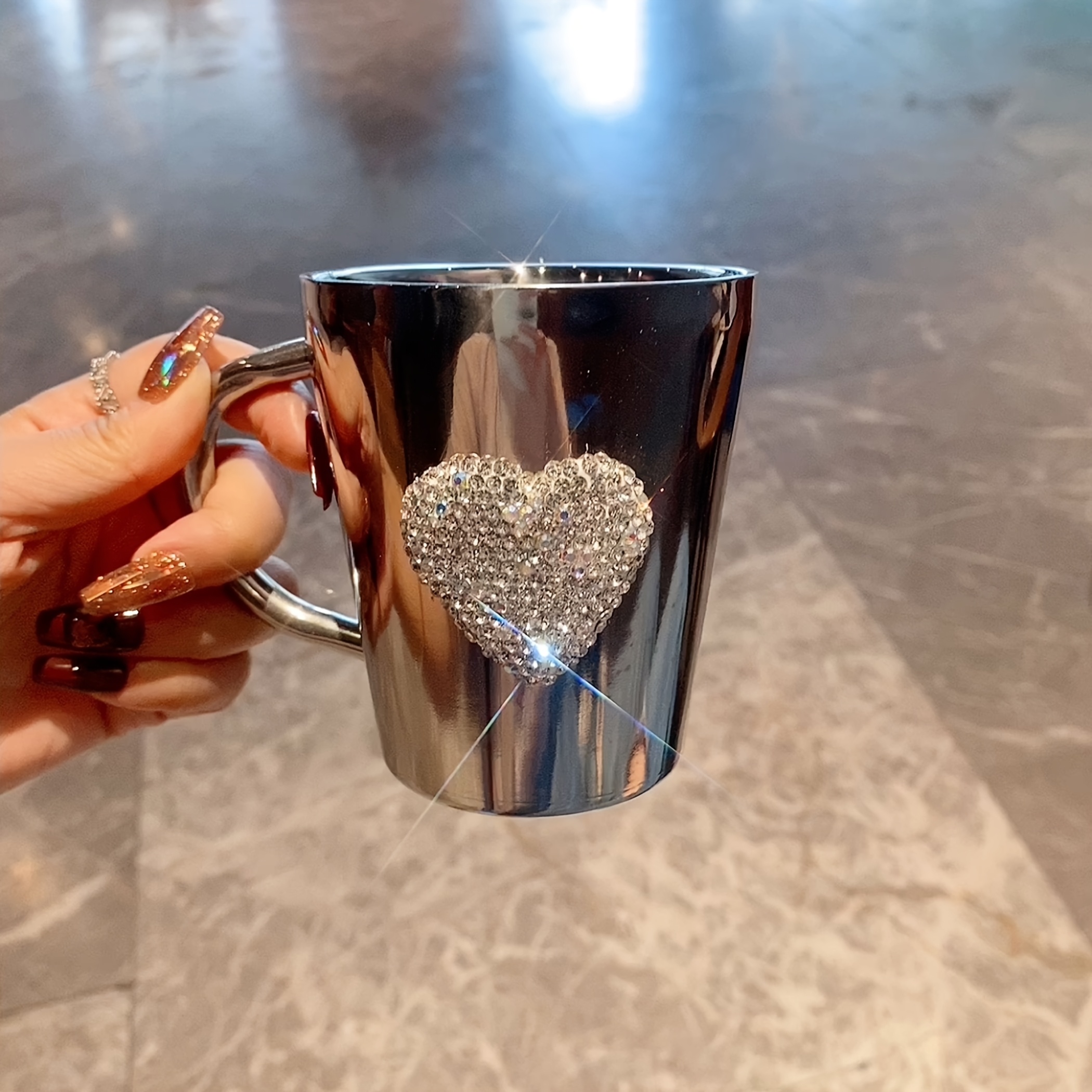 E-shop Glitzerndes Herz aus Edelstahl Kaffeetasse mit Diamant - Hochwertige biologisch abbaubare wiederverwendbare Tasse für heiße und kalte Getränke,