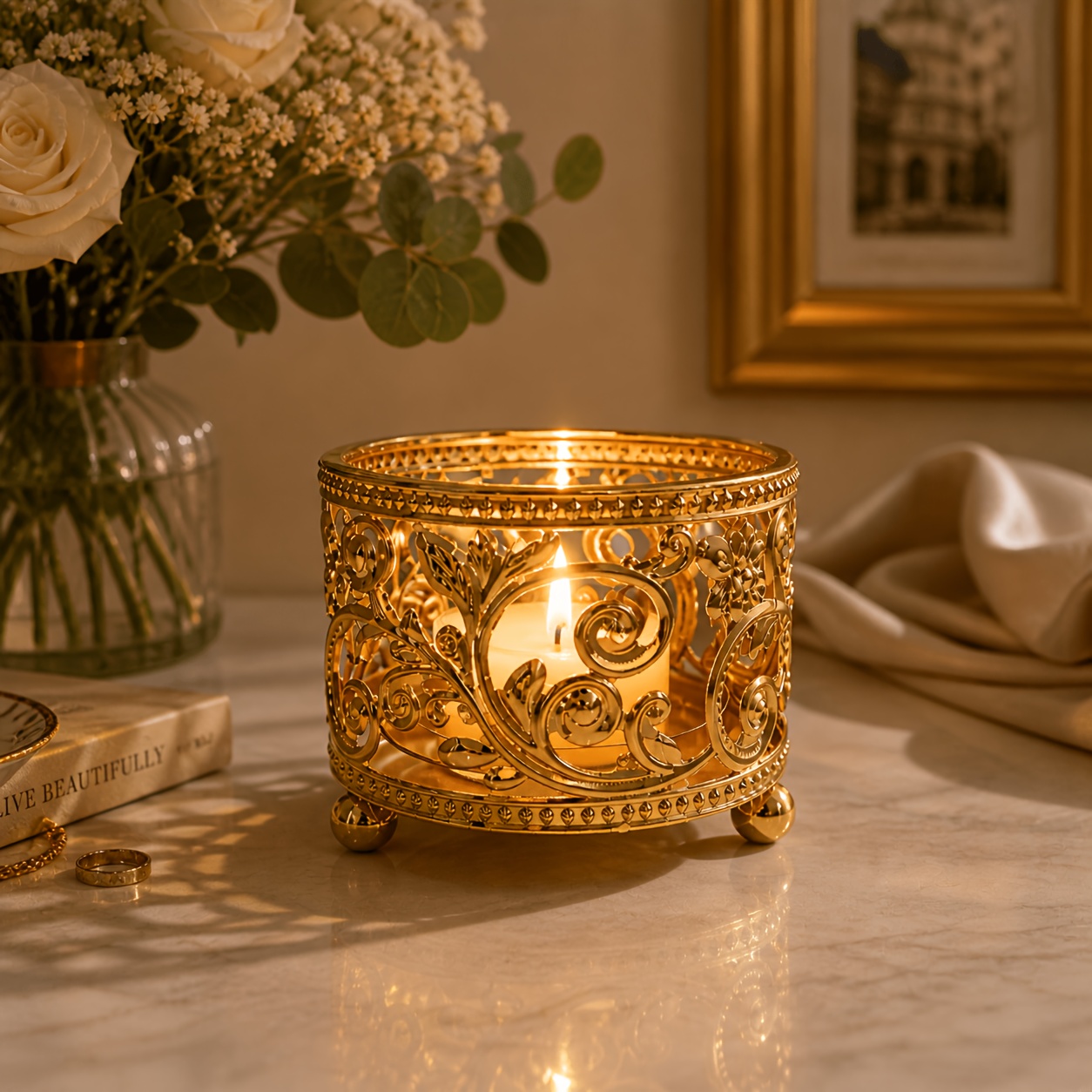 TEMU A Decorative Metal Candle Holder With An Openwork Design, A Rustic And Romantic Decorative Effect Tables And Fireplaces. Suitable As A Tabletop
