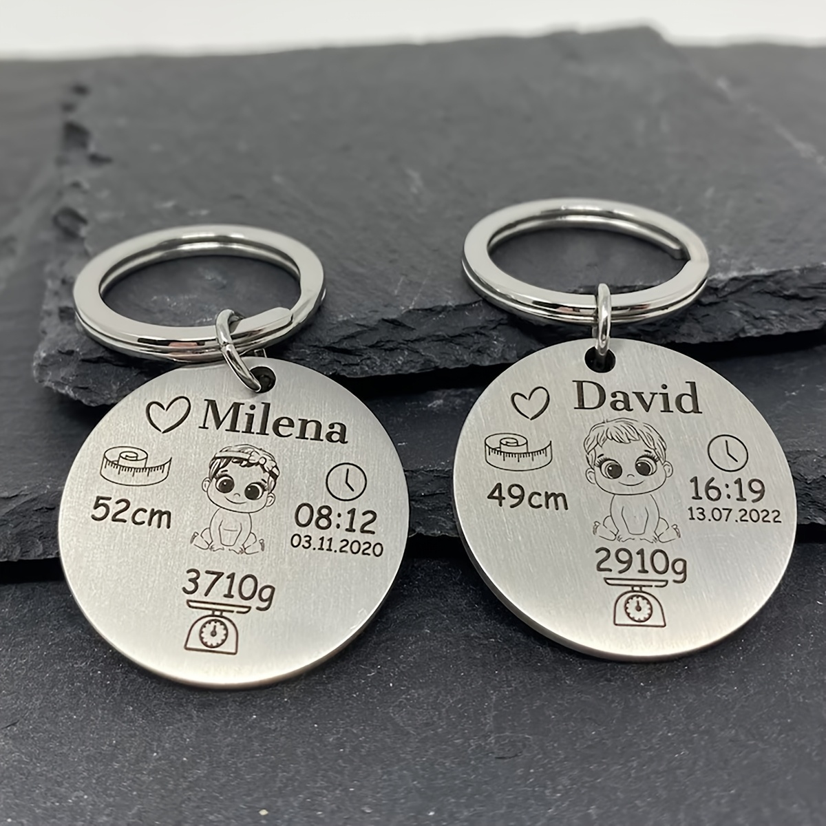 Customized Keychains with Engraved Date, Name, and Footprint