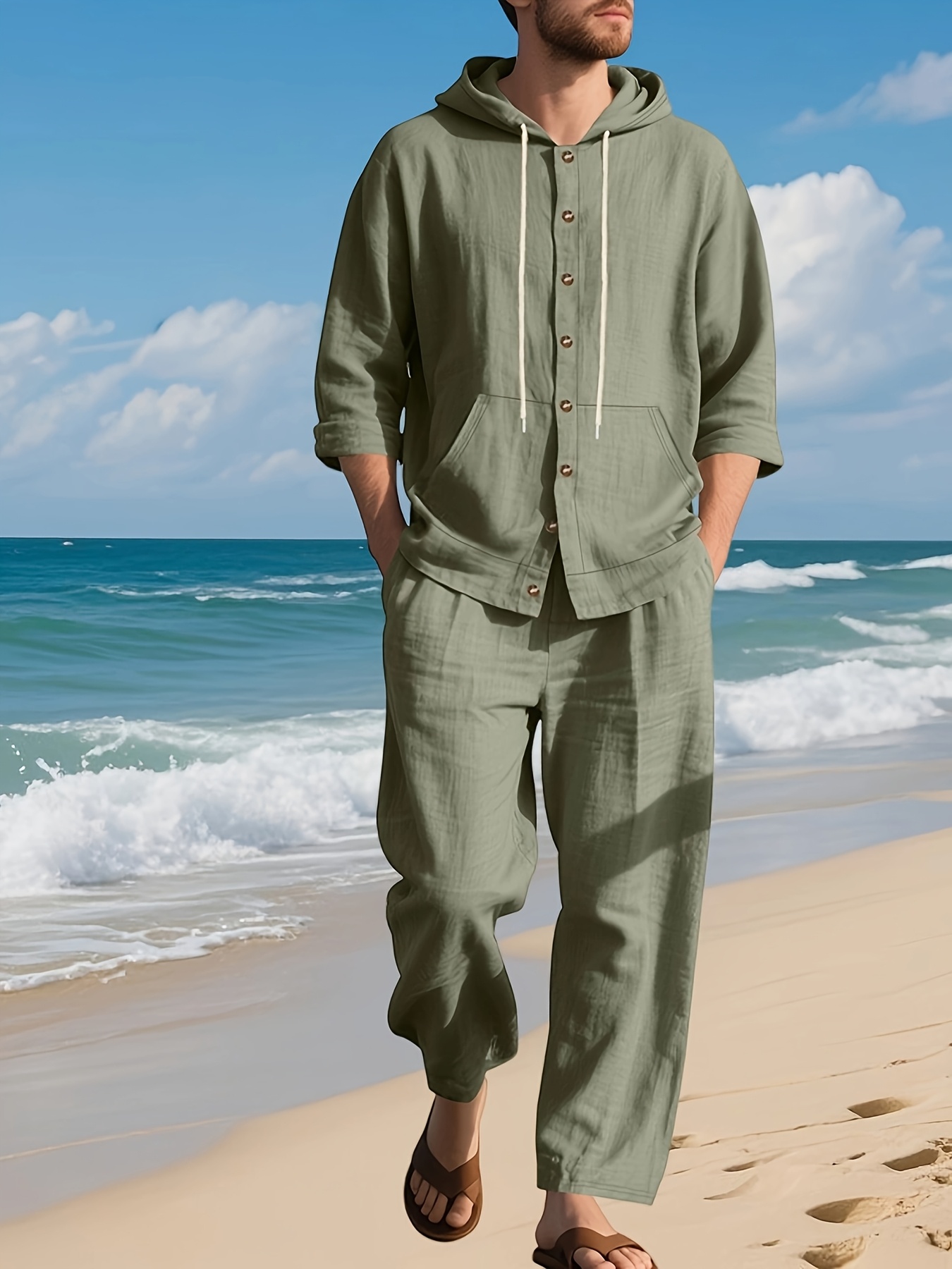 men's casual linen beach hoodie pants drawstring Temu Bahrain
