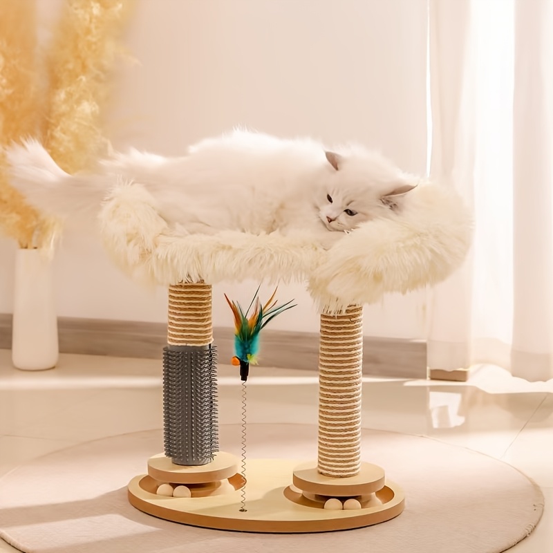 

Arbre à chat blanc de luxe, esthétique et de qualité, en bois , équipé d'un support à gratter, de plumes et d'un lit confortable pour , un must pour de compagnie en hiver, batterie.