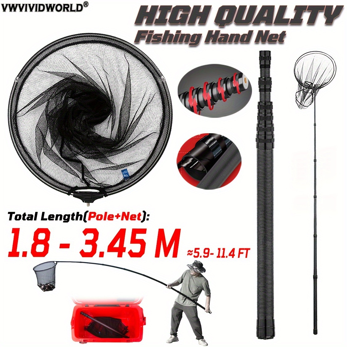 Carbon Fiber Fishing Hand Net with Telescopic Pole, 1.8-3.45m Portable Outdoor Fishing Tackle, Aluminum Alloy Landing Net for Anglers, Black