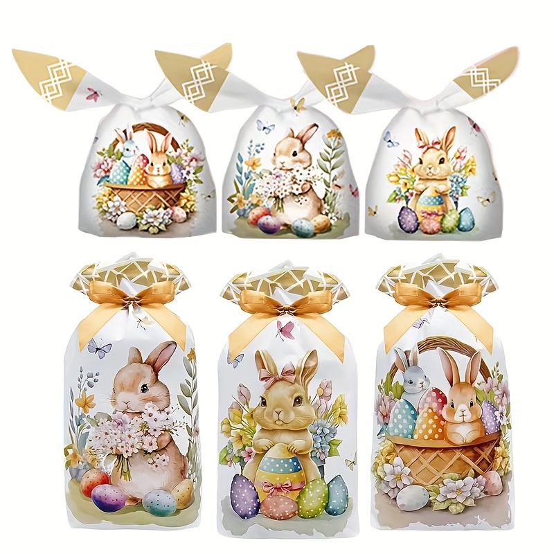 

10pcs Adorable Easter Bunny Ear Drawstring Gift Bags With Rabbit & Egg Designs - Plastic, Packaging For Candy & Small Gifts