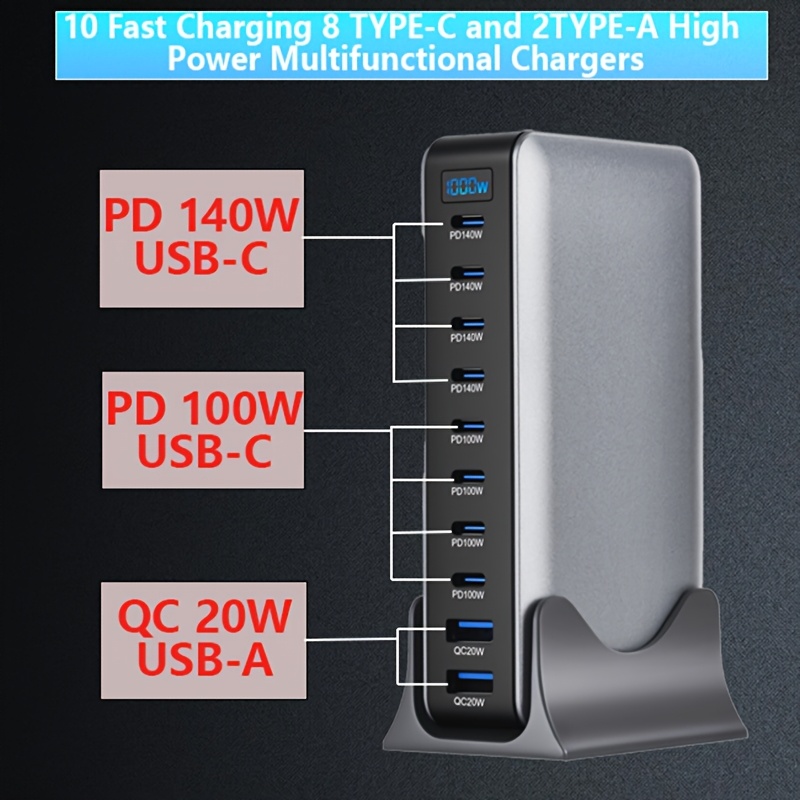 1000W Gan 4 10 Ports USB C Fast Charging Station Hub Block Portable Wall PD Charger Power Adapter with 8 USB-C + 2 USB-A, 140W Port for Macbook Pro/Air, for Iphone 15 14 13 12 11, for ETC