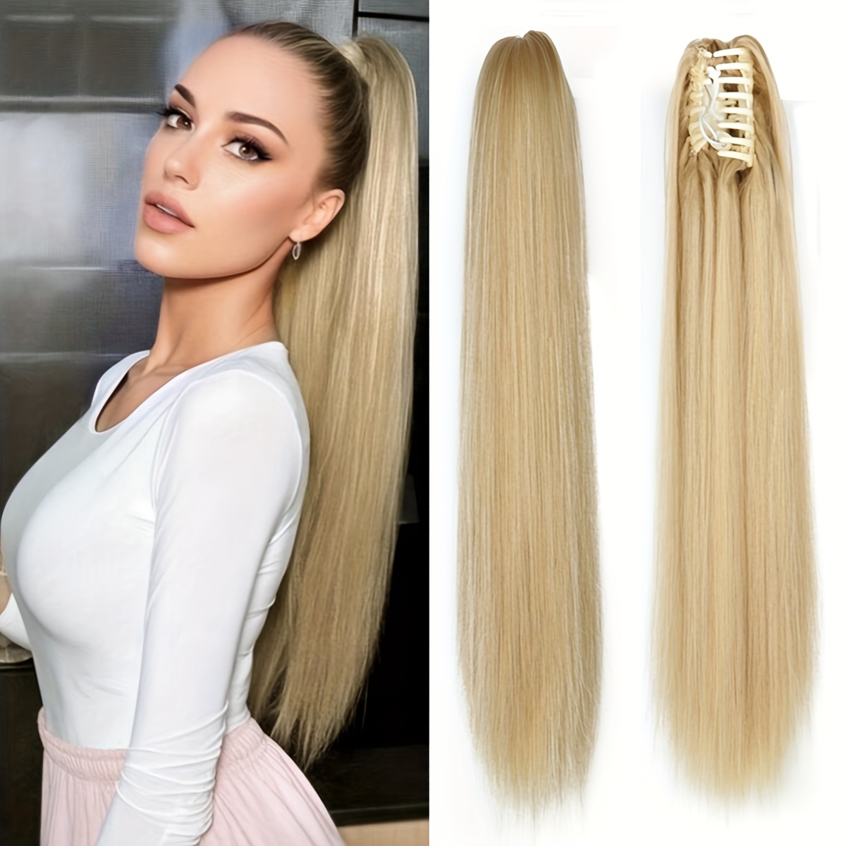 

Synthetic Long Straight Claw Clip On Ponytail Hair Extensions 24 Inch Heat Resistant Pony Tail Hair Piece Black Brown Blonde For Women Daily Party Use