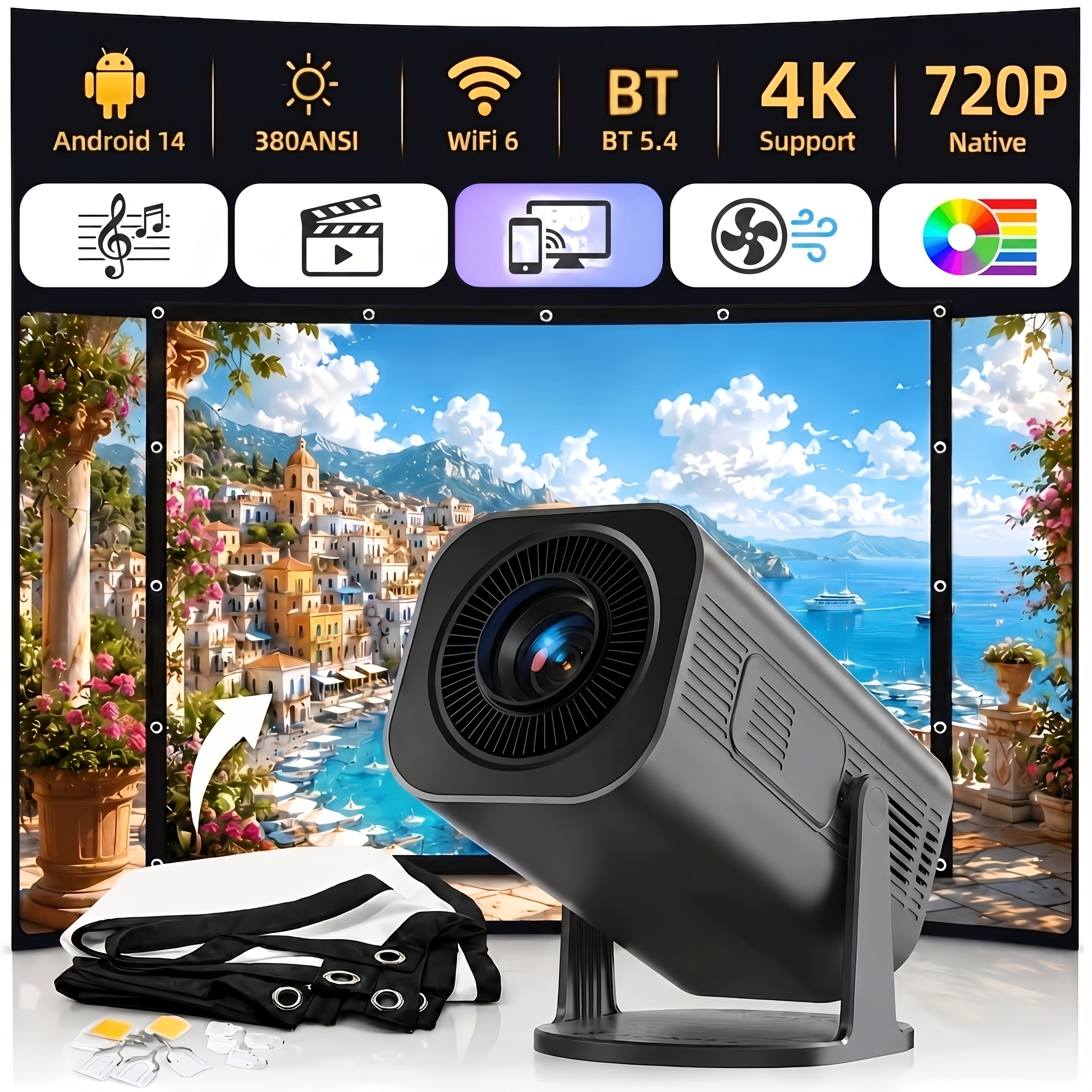 Luxvyn Portable Projector Native 720p 4k 30fps 380ansi 14 Wifi & Usb Cast For Windows Auto Keystone Cinema Outdoor Travel