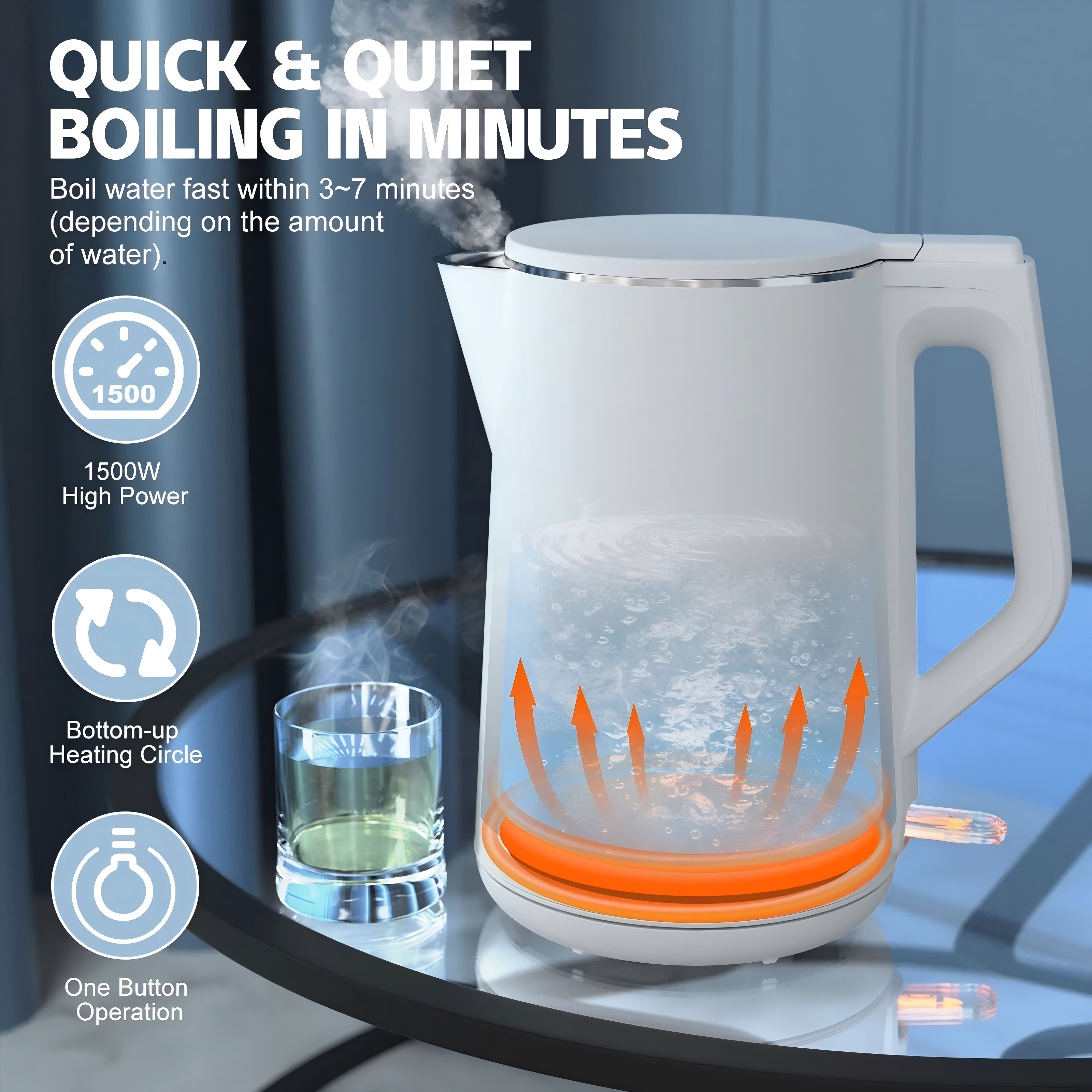 TEMU 1.5l Electric Kettle, Steel Double Wall Electric Tea Kettle, 1500w Electric Kettle, Bpa Free, With Auto Shutoff And Boil-,, 120v