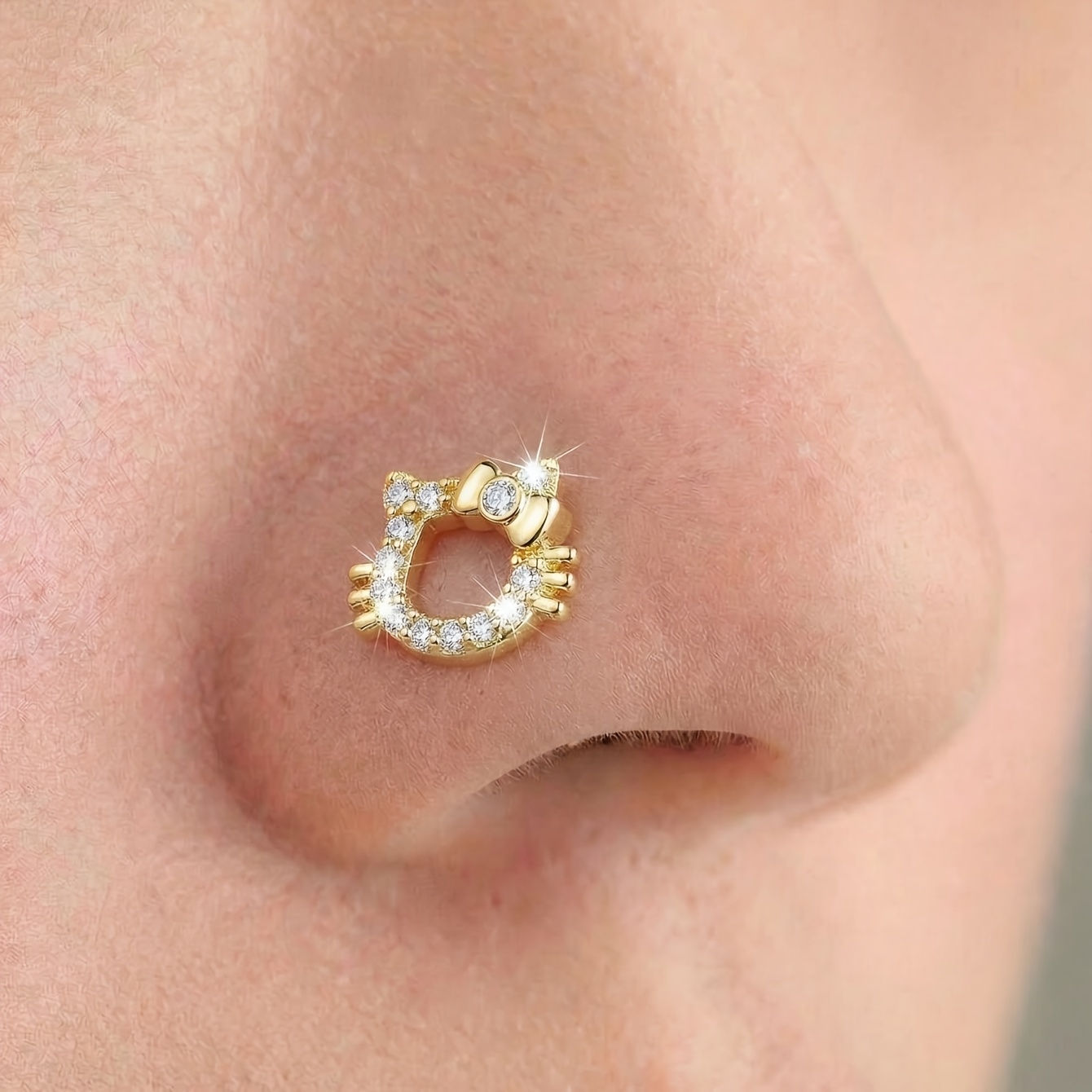 TEMU 1pc Of Cute And Bow Piercing Nose Nail Inlaid With Synthetic Zirconia For Women, Light Luxury, Elegant And Exquisite Design Suitable For Daily