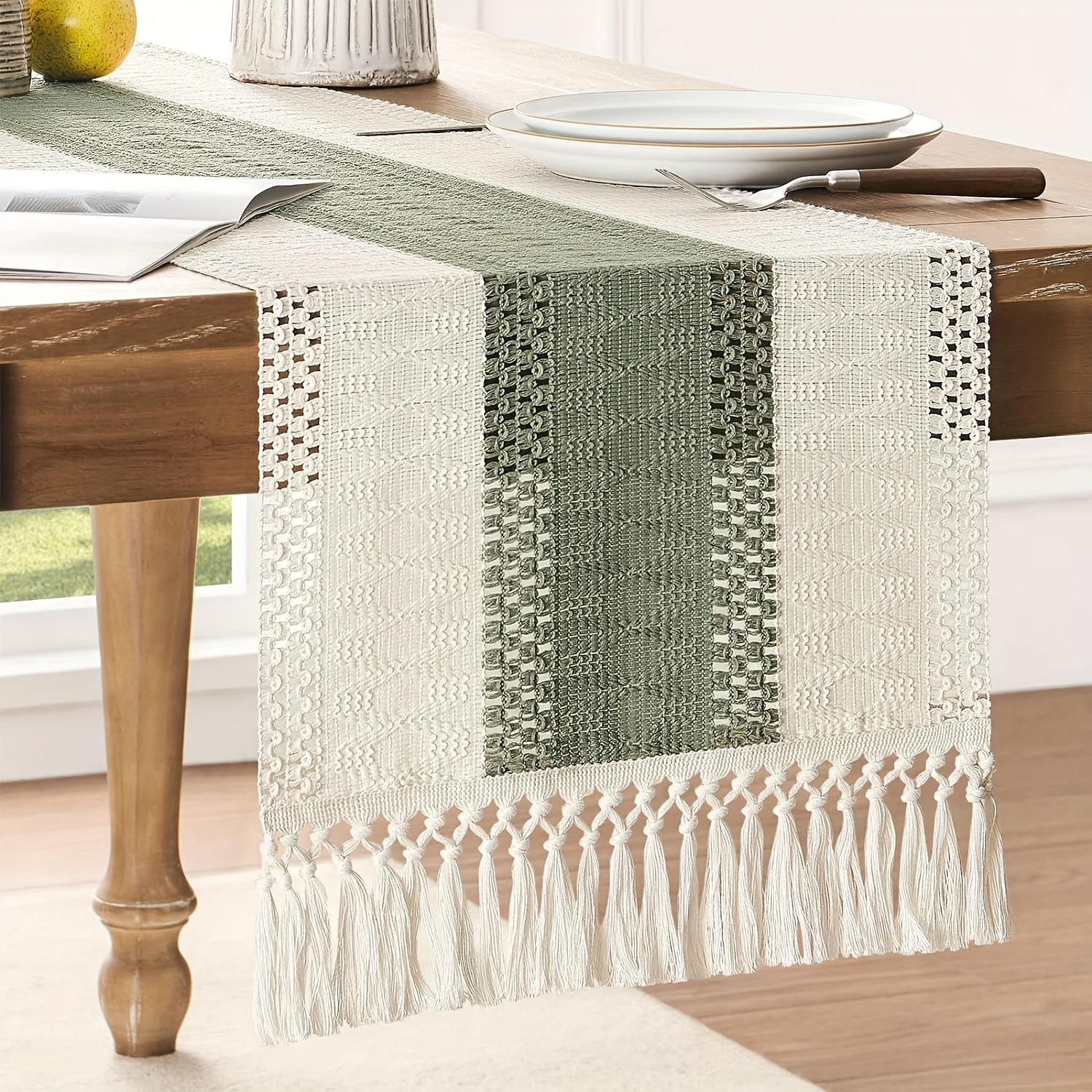 TEMU Bohemian Macrame Fringe Table Runner, Striped Polyester, Farmhouse Home Decor For Bridal Shower, Dining - Runner For Christmas Decoration