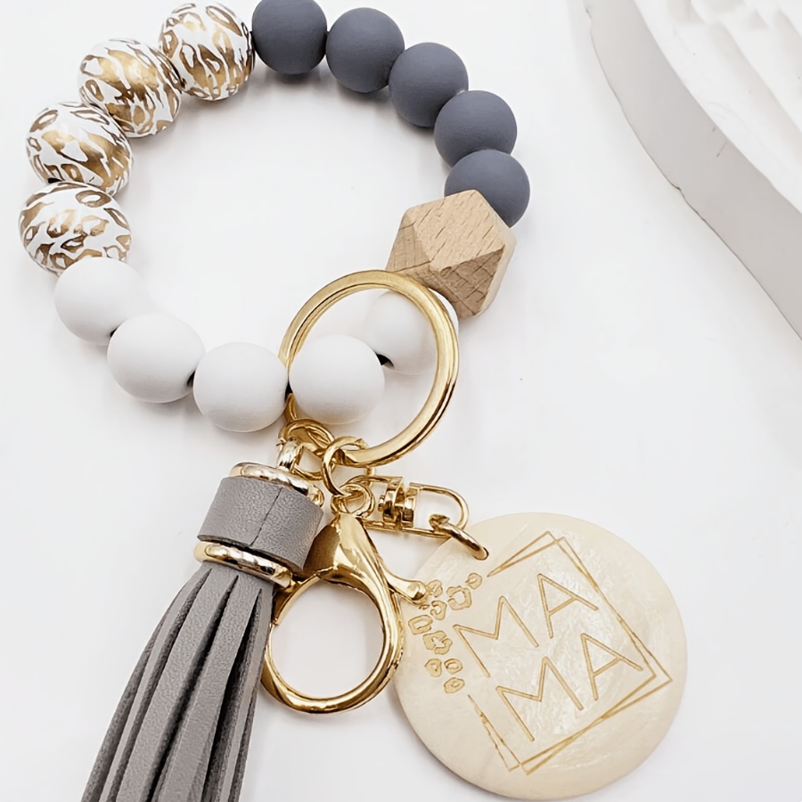 Chic Leopard Print Wooden Beaded Keychain With 'mom' Tag - Perfect Day & Birthday Gift, Stylish Bag Charm