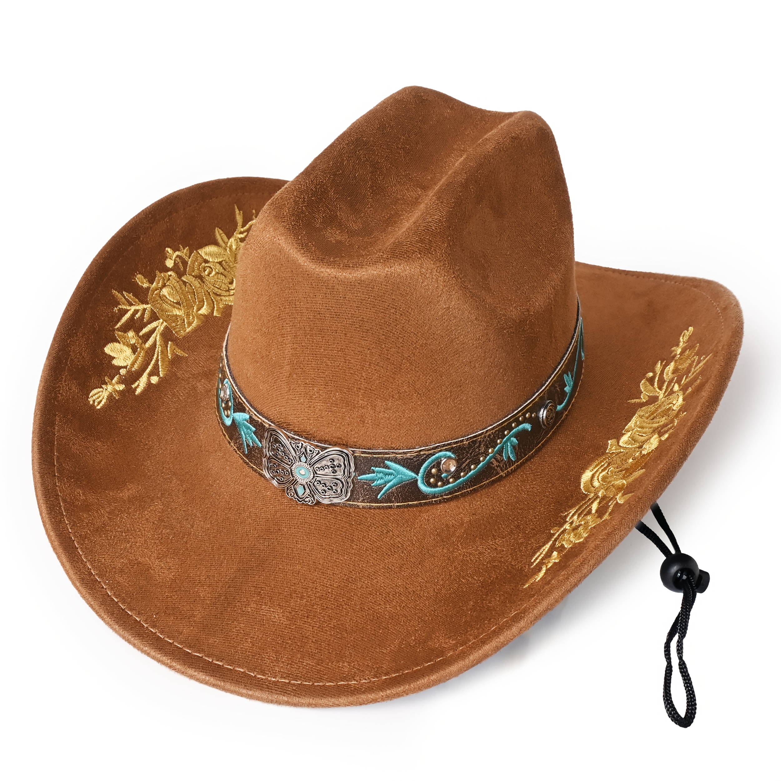 TEMU Classic Western Ethnic Floral Embroidery Wide-brimmed Cowboy Hat, A Felt Hat Suitable For Men And Women's Fashion Prom, Fun Party, And Holiday