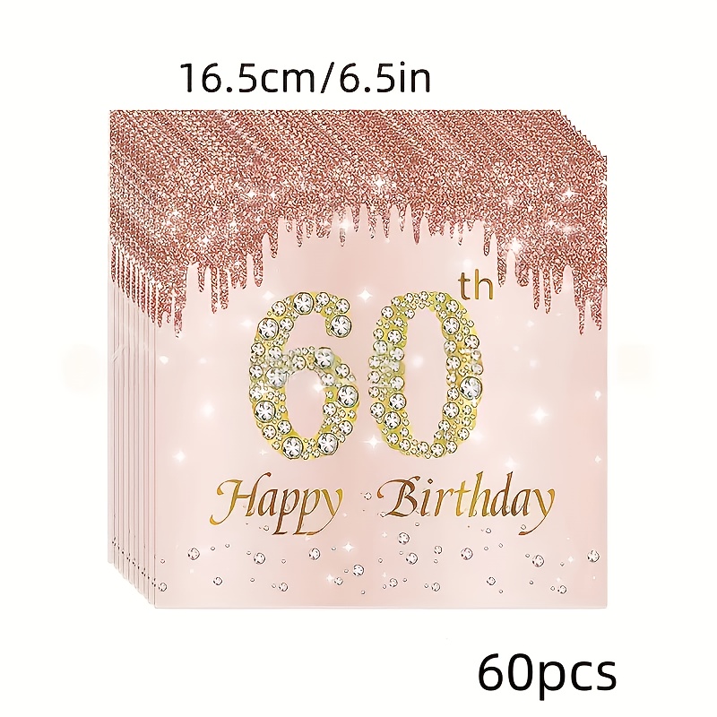 TEMU 60pcs Rose Golden Glitter Happy Birthday Napkins, 2-ply Paper Disposable Hand Towels For Women's Supplies, Anniversary & Celebrations,