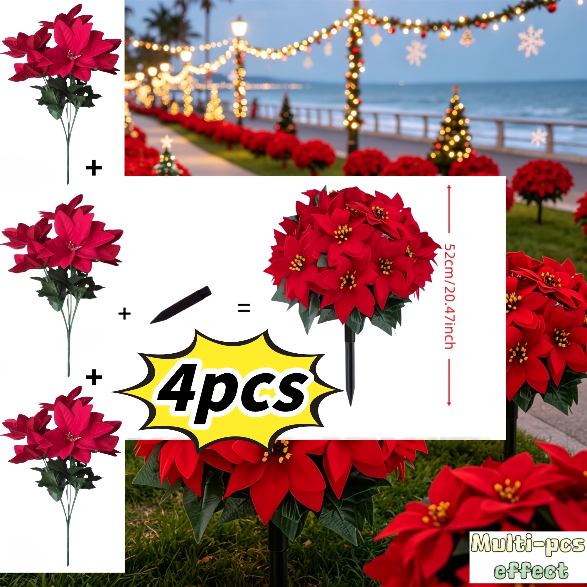TEMU 4pcs Set Of Artificial Poinsettia Floral Arrangements, Vibrant And , With Sun-resistant And . Ideal For Christmas, Halloween, And Wedding