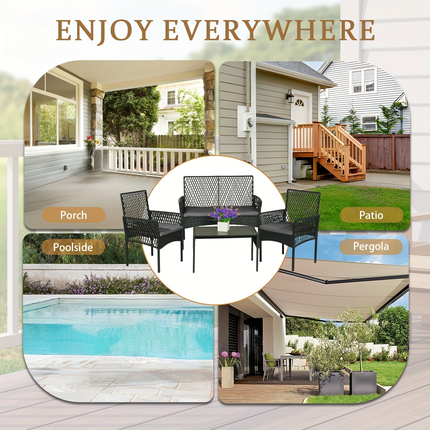 8pcs Patio Furniture Set, Outdoor Rattan Chairs Rattan Conversation Sets With Cushions And Coffee Table For Porch Garden Poolside Backyard, Black - Patio Furniture Outdoor
