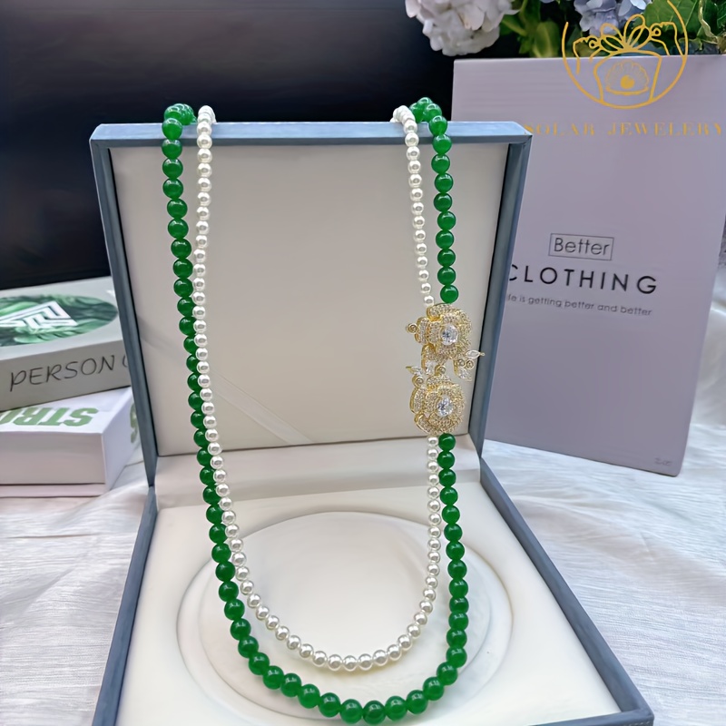 Women's Vintage-Style Green & White Double-Layered Necklace