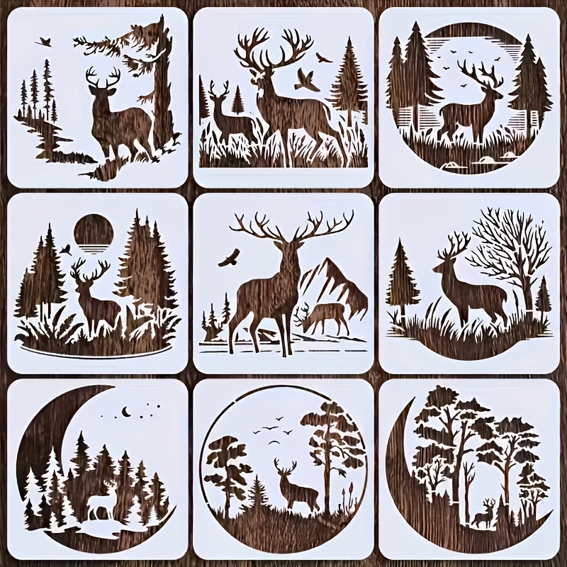 Image of Set Of 9 Deer Silhouette Stencils, Measuring 15.01x15.01 Cm, Made Of Plastic For Painting, Suitable For Home Decor, Graffiti, Murals, Rock Art, And Woodworking Projects