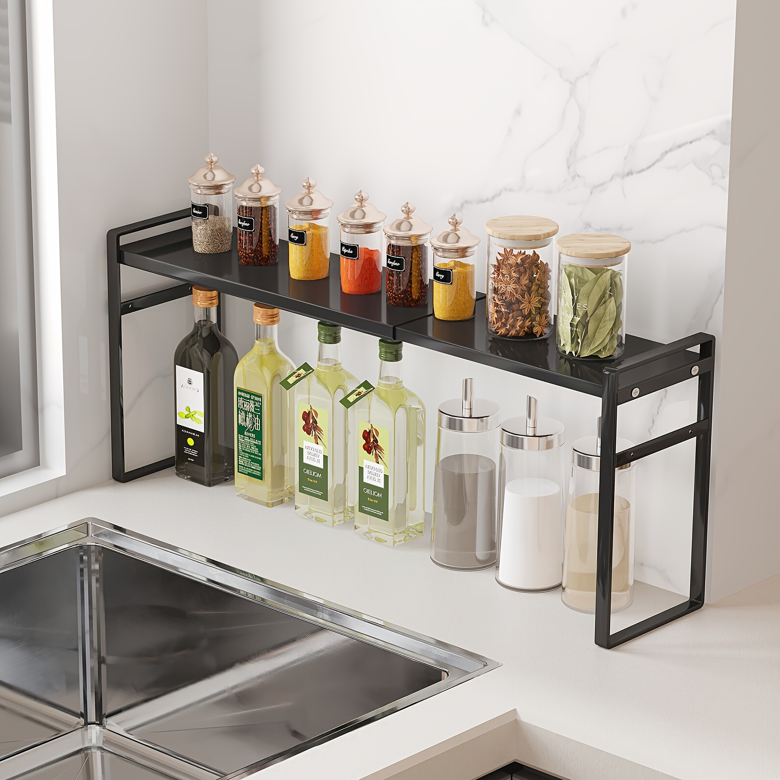 

Black Metal Spice Rack Organizer With Glass Jars & Small Plant Holder - Adjustable Height & Length For Kitchen Cabinet, Countertop & Pantry Storage - Sleek , Easy