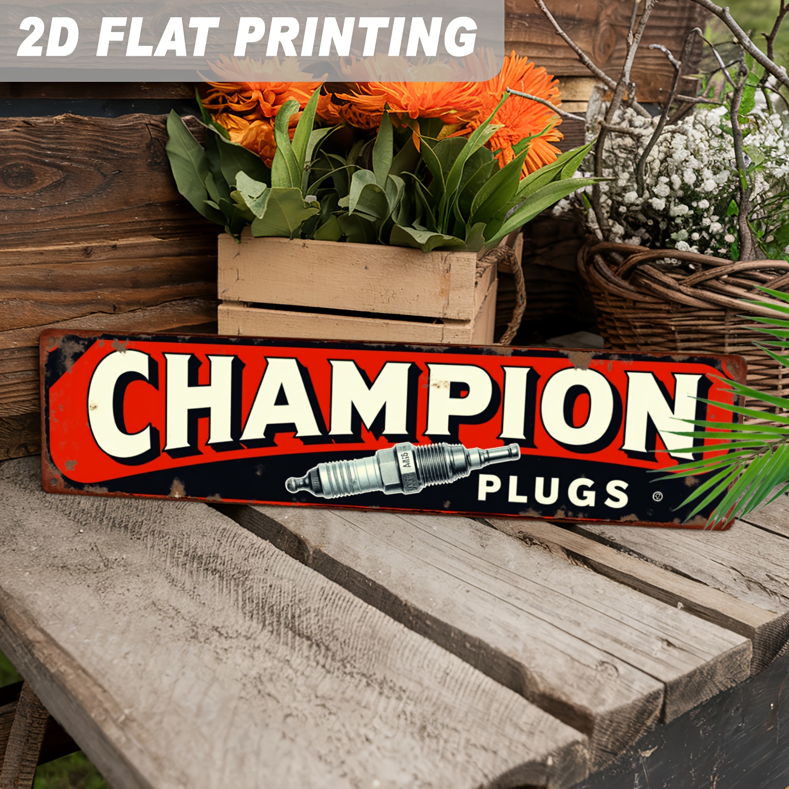TEMU 2d Flat, 2d Plane, 2d Plane 2d Plane, 1 Championship Plug Vintage Wood Board Logo - With Red And Black Championship Plug Logo - Size 3.94x15.75