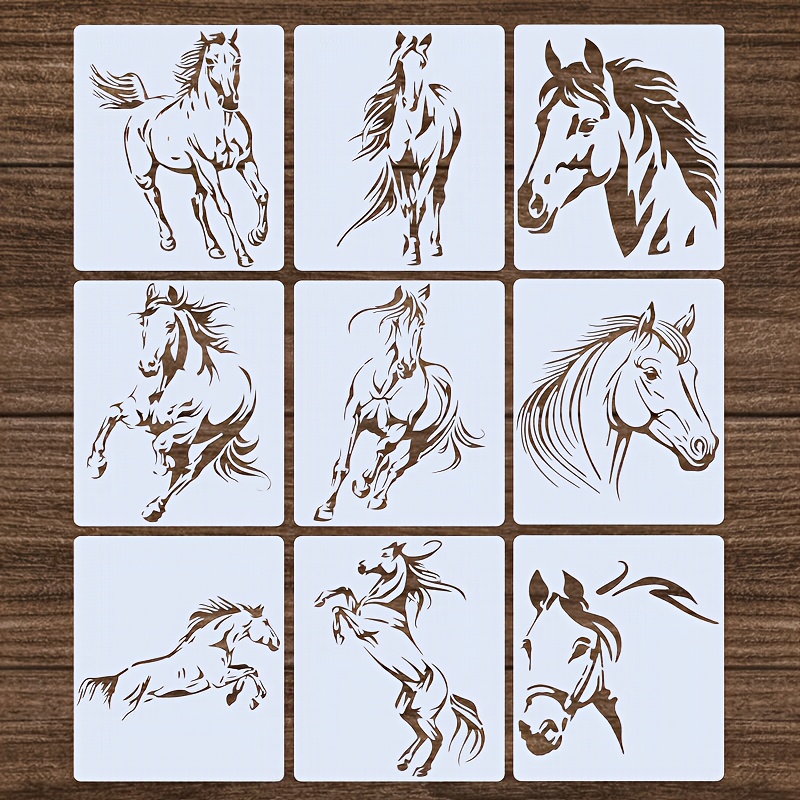 TEMU 9pcs Reusable Horse Pattern Painting Stencils, Suitable For Graffiti, Tracing, Spray Painting, Tattoo, Canvas, Paper, Fabric, Floor, Books,