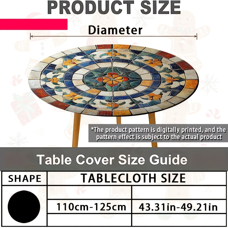 TEMU 1pc Printed Round Tablecloth, Colorful Mosaic Floral Pattern Round Tablecloth, Vintage Art, And Multicolored, Adds An Exotic Vibrant Atmosphere
