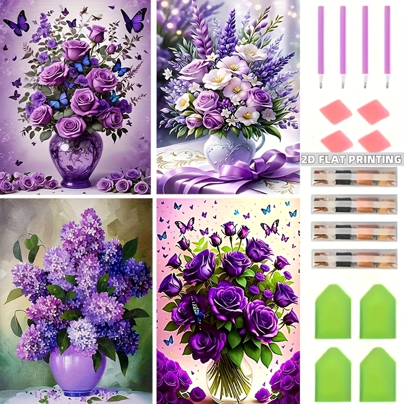 TEMU 2d Flat Printing, 4pcs Set, 5d Full Diamond Round Mosaic Wall Art Kit With Floral Theme, Diy Craft For Adults And Beginners, Frameless Canvas