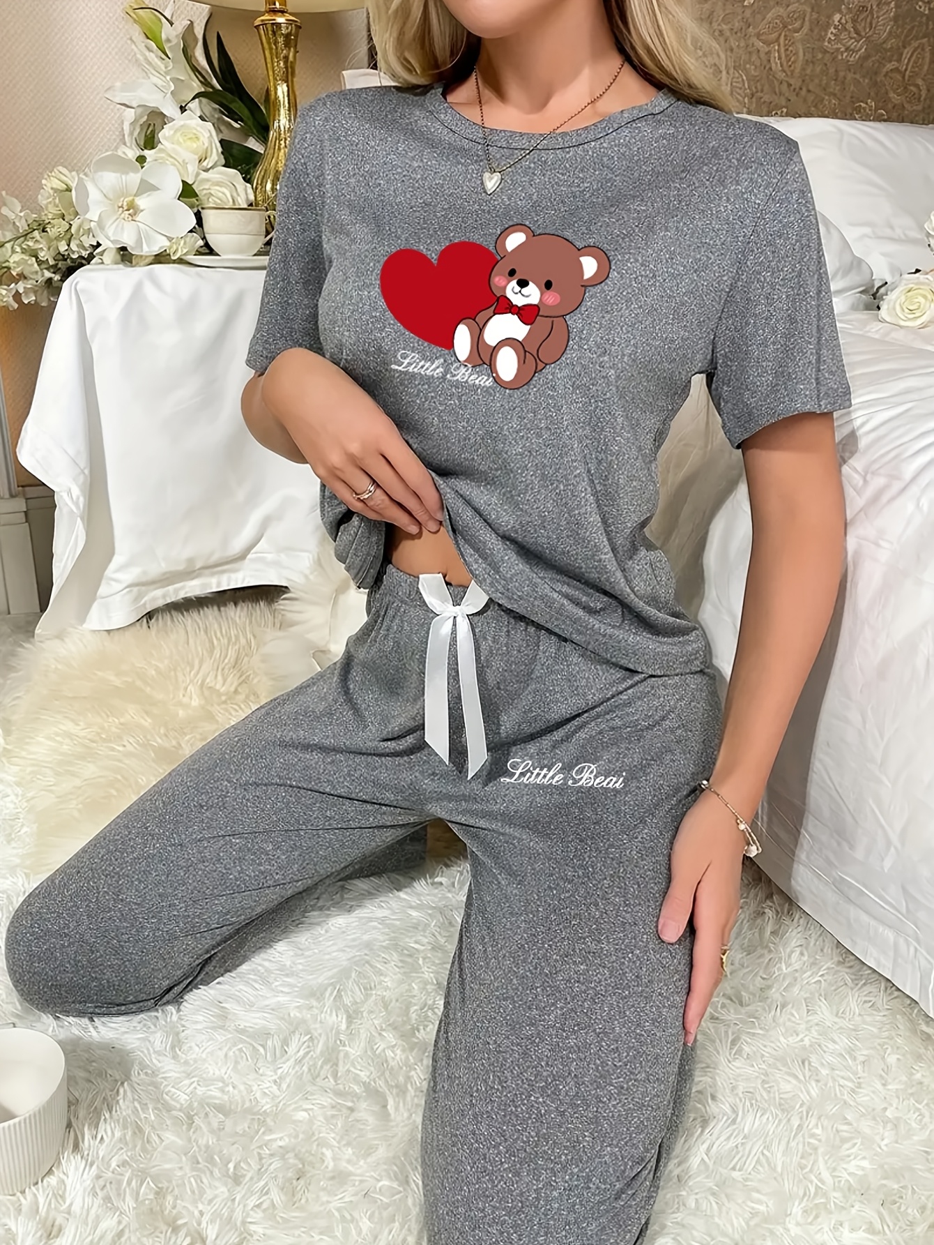 3pcs girls pajama set cute teddy bear heart print comfy Temu