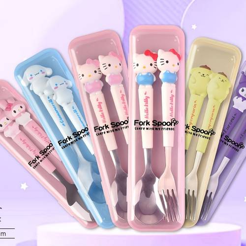 2pcs stainless steel portable tableware set cute cartoon tableware soup spoon and fork outdoor travel spoon