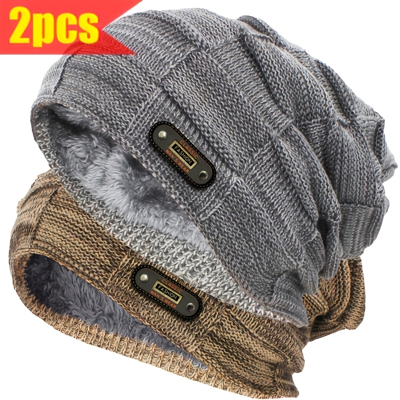 TEMU 2pcs 's Autumn/winter Mixed Color Knitted Hat, With Thick Velvet Warm And Windproof Pullover Hat, Outdoor Casual Warm And , Lined With Plush,