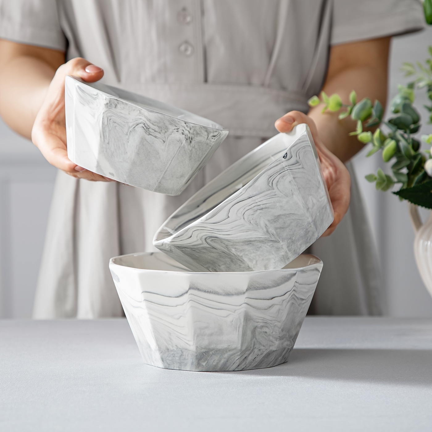 

3 Pcs Porcelain Bowls (34/26/16 Oz), Ceramic Soup Bowls Cereal Bowls, Marble Grey Bowls For Kitchen, Serving Bowls For Dessert, Salad And Fruit, Dishwasher& Microwave Safe