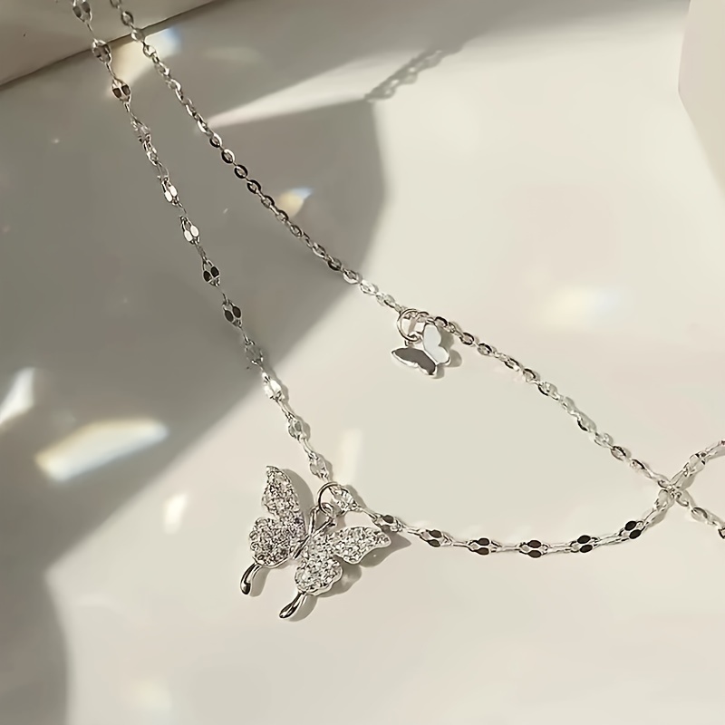 

Y2k Rhinestone Butterfly Double Layers Necklace Shiny Silvery Party Dating Gift Daily Jewelry Accessories