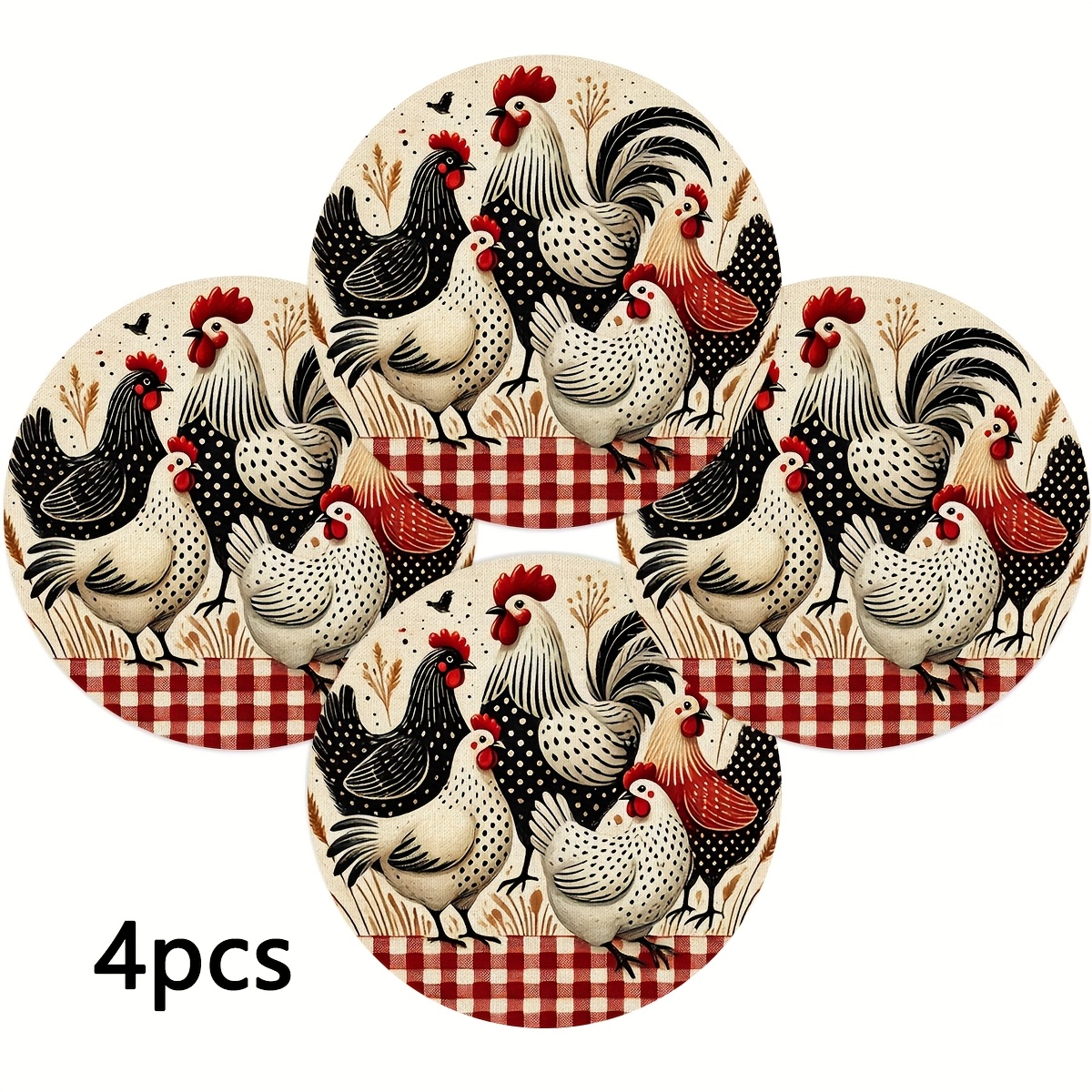 TEMU 4pcs Rustic Rooster Placemats, 38cm/15inch Non-slip Washable Table Mats, 2d Trendy Printed Pattern, Easy To Clean, Recommended For Daily Dining
