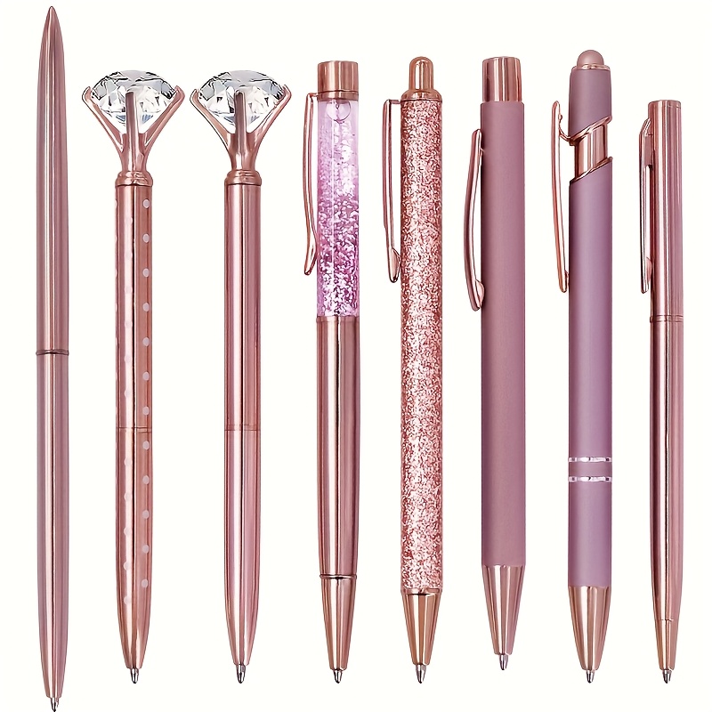Image of 8pcss Set, 8pcss Rose Golden Metal Pen Set - Stylish Metal Pens With Crystal-colored Embellishments With Black Refills 1.0 - Ideal For Students, Office, Gifts And Weddings