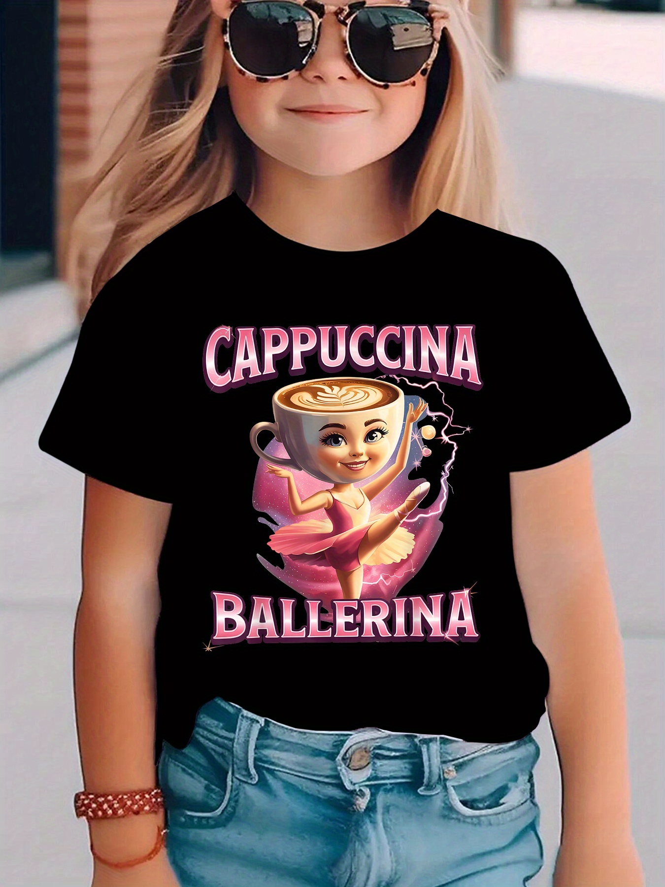 Лятна Модна Момичешка Тениска с Къс Ръкав Италианска Мозъчна Рот CAPPUCCINA BALLERINA Happy Cappuccino Ballerina Анимационен Принт Ежедневен Топ NY-DX8168