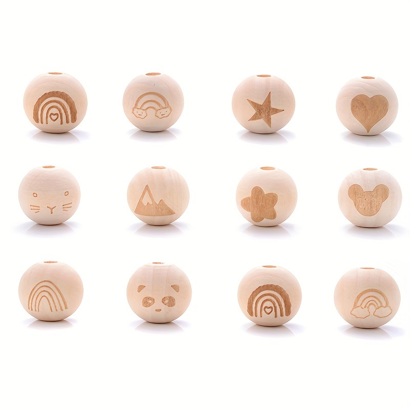 

20mm Wood Beads With Engraved Animal And Flower Patterns, Set Of 10, Jewelry Making And Decorative Craft Beads