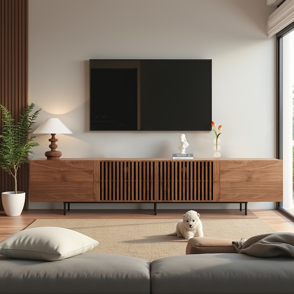 Image of Luck Idea Furniture Mid - Century Modern Tv Cabinet For 80+ Inch Tvs - Tv Lowboard With Storage Space - Center Made Of Walnut Wood Plank For Living Room, Bedroom (240cm)