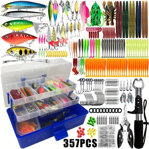 357pcs Fishing Lure Kit with Tackle Box, Including Bobbers, Pliers, Soft Baits, Hard Baits, Hooks, Glitter, Frog Lures, Sinkers & More – Mixed Color Set for Layers, Suitable for Freshwater and Saltwater, Perfect Gift