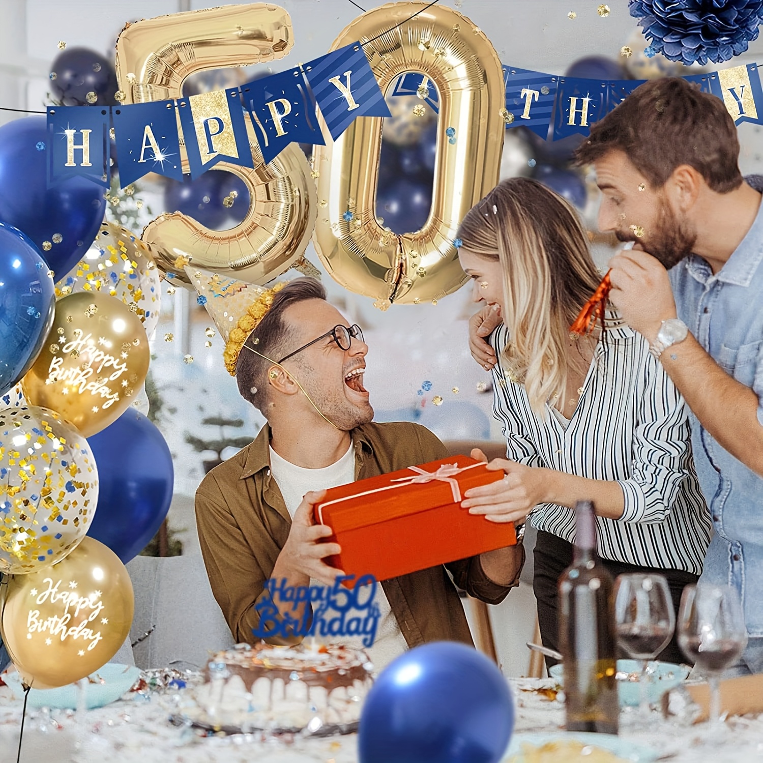 50. Geburtstag Deko Set In Marineblau – Komplettset Mit Ballons, Girlande & Torten-Deko Für Männer & Frauen