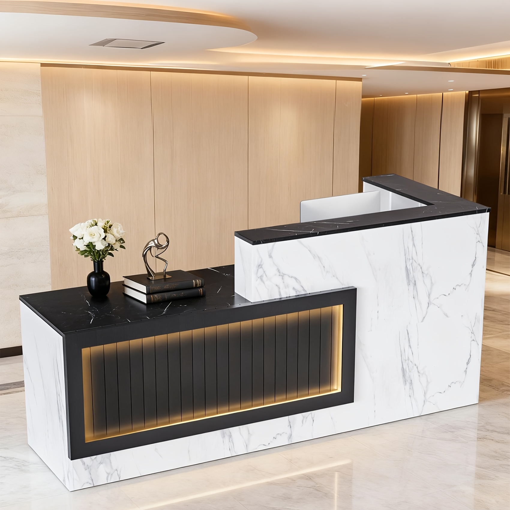 Image of L-shaped Reception Desk, Large With Reception Straps, Drawers, And Open Shelves, Made Of Wood For Office, Hotel , Retail , Salon Use (black And White, 180 * 107 * 105cm)