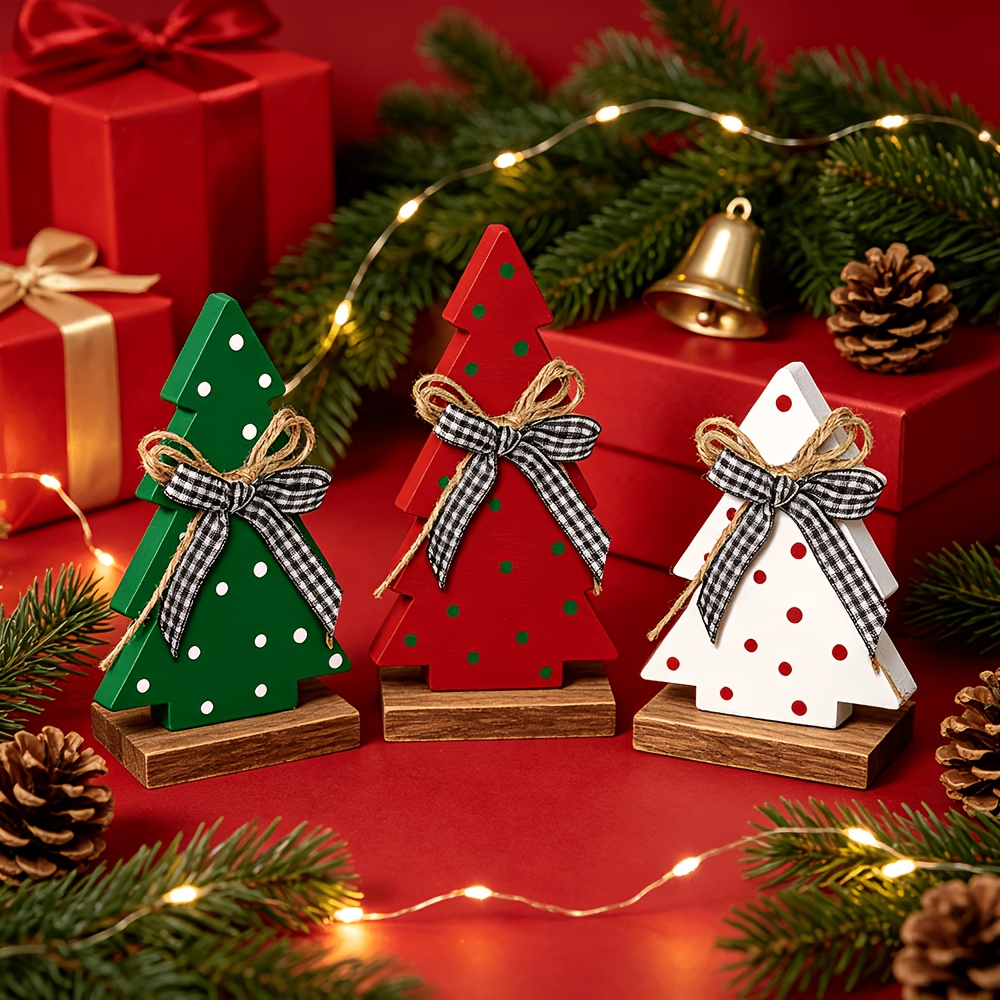 TEMU 3pcs Christmas Tree Wooden Party Table Centerpiece, Red Green White Polka Dot Christmas Tree Shape Elements, Suitable For Christmas, New Year,
