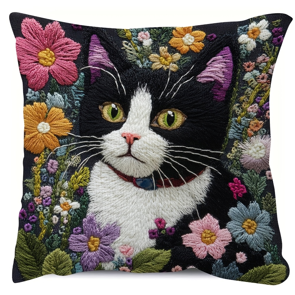 

1pc 18x18 Inch Short Plush Pillow Cover, Double-sided Tuxedo Cat With In Flowers Design, Decorative Sofa , Zip Closure, Machine Washable, No Embroidery - Polyester, Printed, Without Embroidery