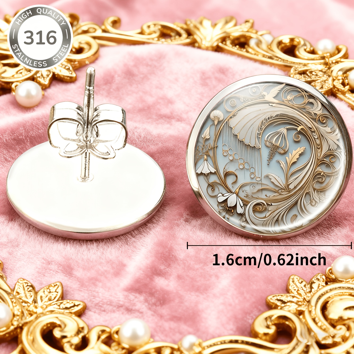 Round Decorative Tray Floral Pattern Stud Earrings, Set of 2