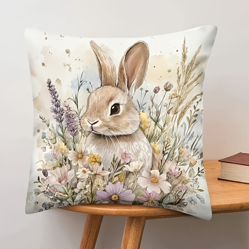 

1pc Easter Bunny & Spring Flowers Linen Pillowcase - Watercolor Design, Zipper Closure, Machine Washable, Ideal For Living Room, Bedroom, Office Decor, Single-sided Print, No Insert, Bunny Accessories