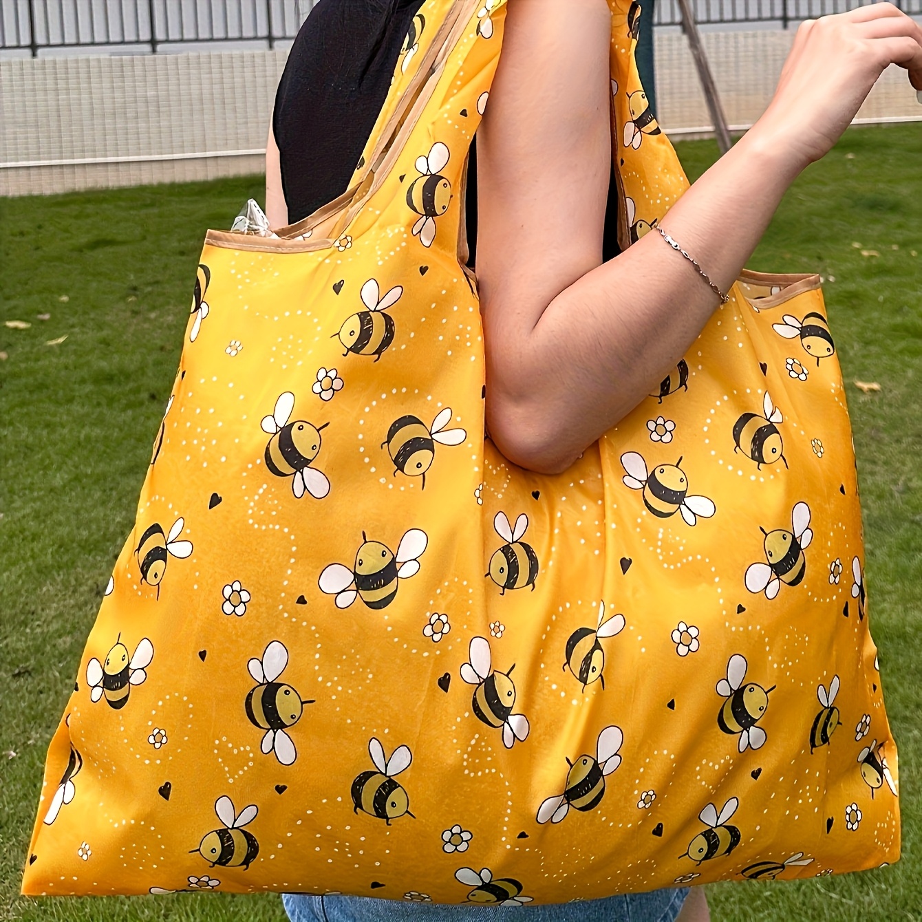E-shop Großvolumige faltbare Einkaufstasche - Niedliches Bienen- & Blumenmuster, langlebige Nylon-Einkaufstasche, leicht , modische wiederverwendbare